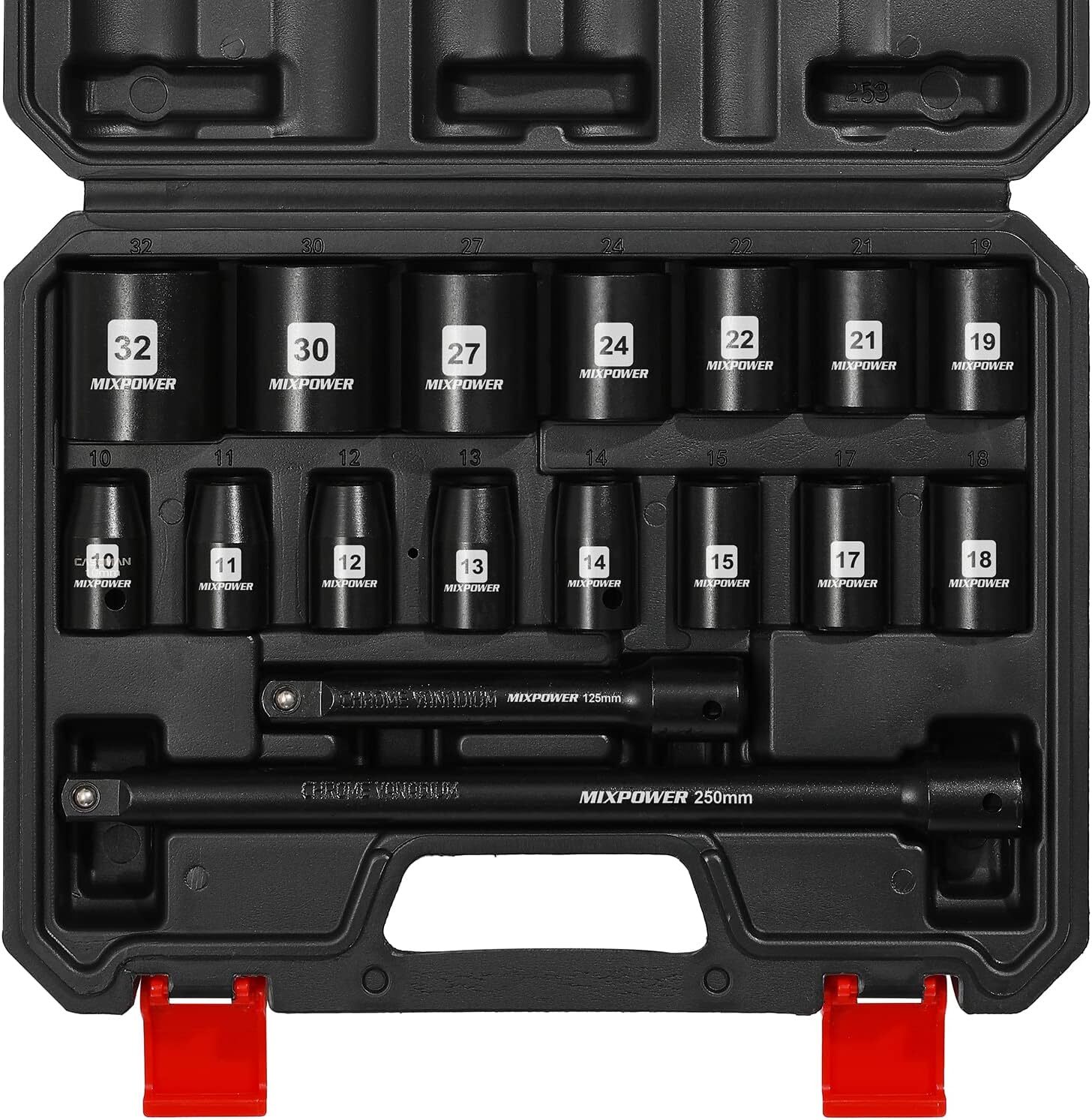 17 Pieces 1/2-Inch Drive Shallow Impact Socket Set, Includes 10mm to 32mm, 5″, 1