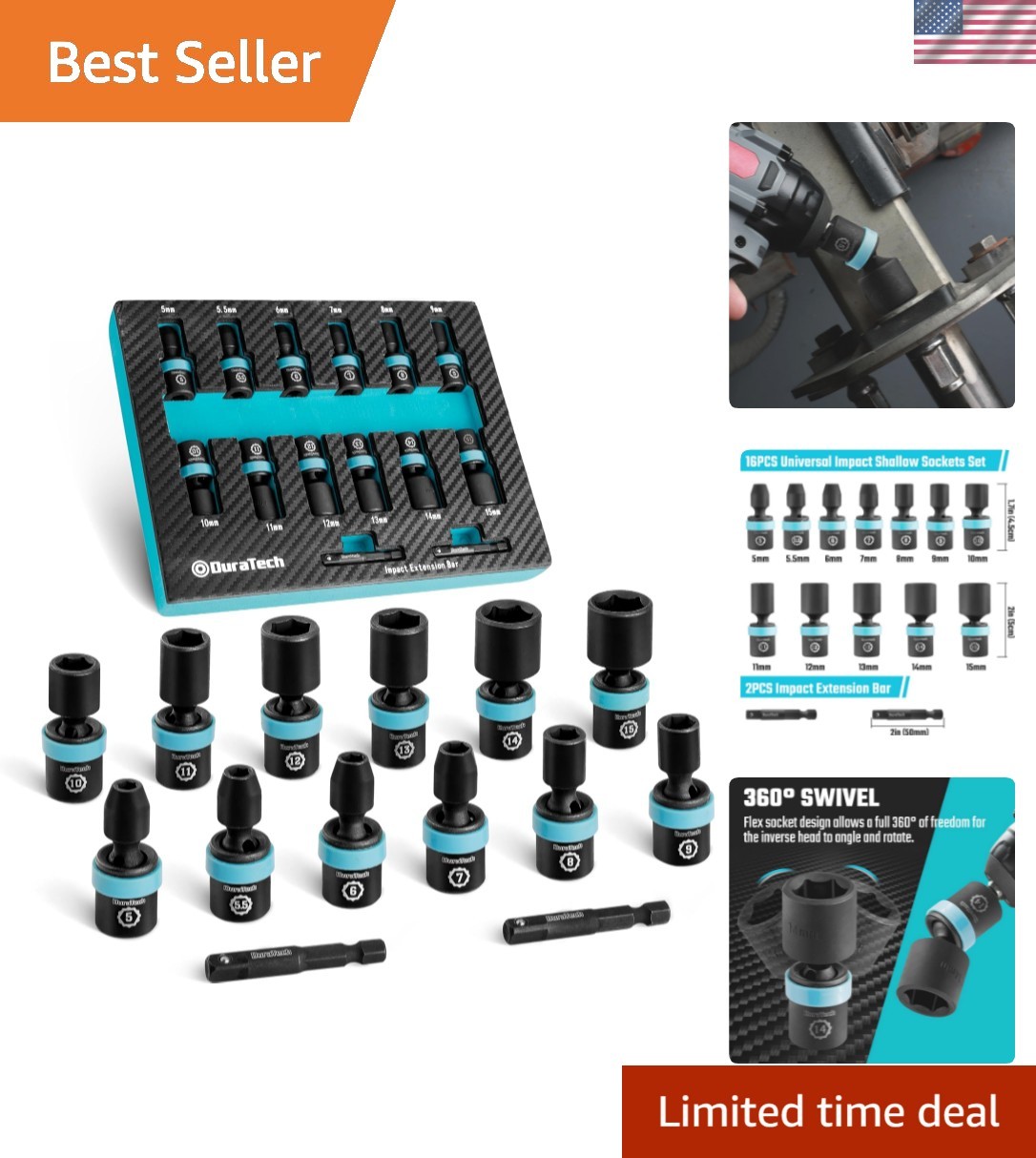 High-Quality 14-Piece Impact Socket Set with Laser-Etched Markings & Extensions