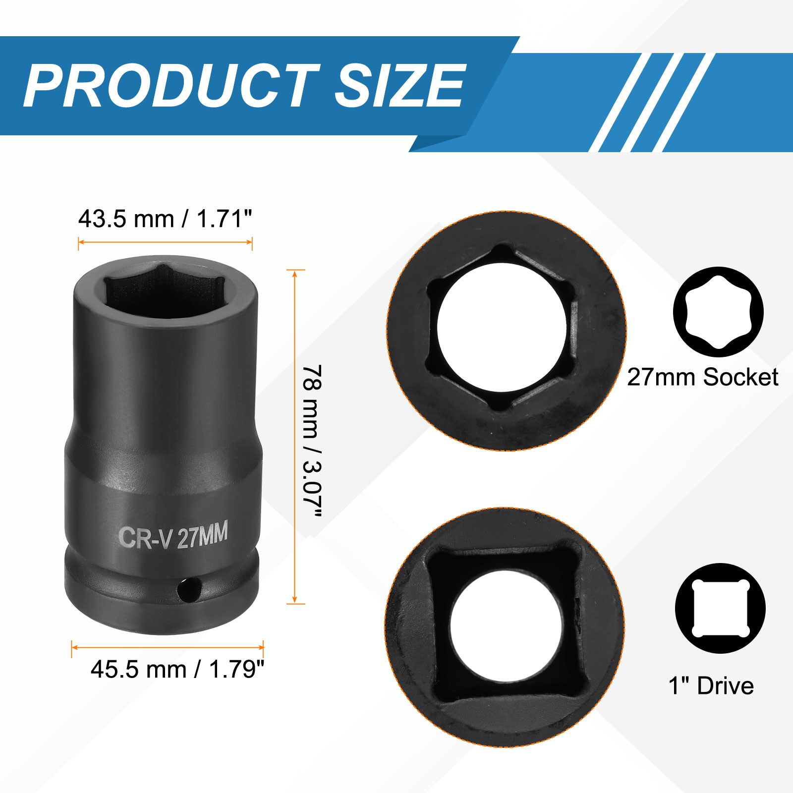 1 Inch Drive 27mm 6 Point Impact Socket Chromium Vanadium Steel