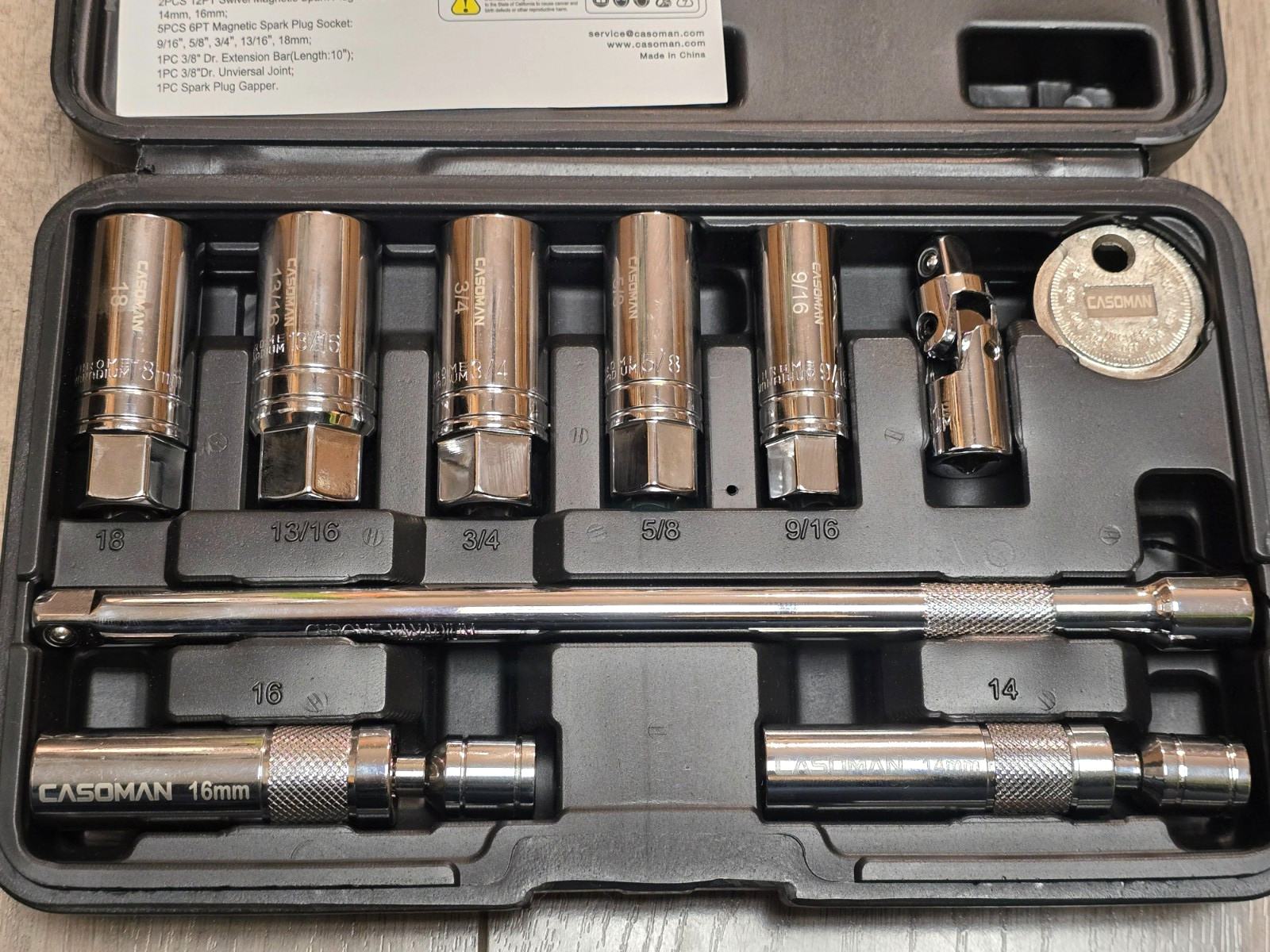 Casoman 10pc 9/16, 5/8, 3/4, 13/16, 14, 16 & 18mm Magnetic Spark Plug Socket Set