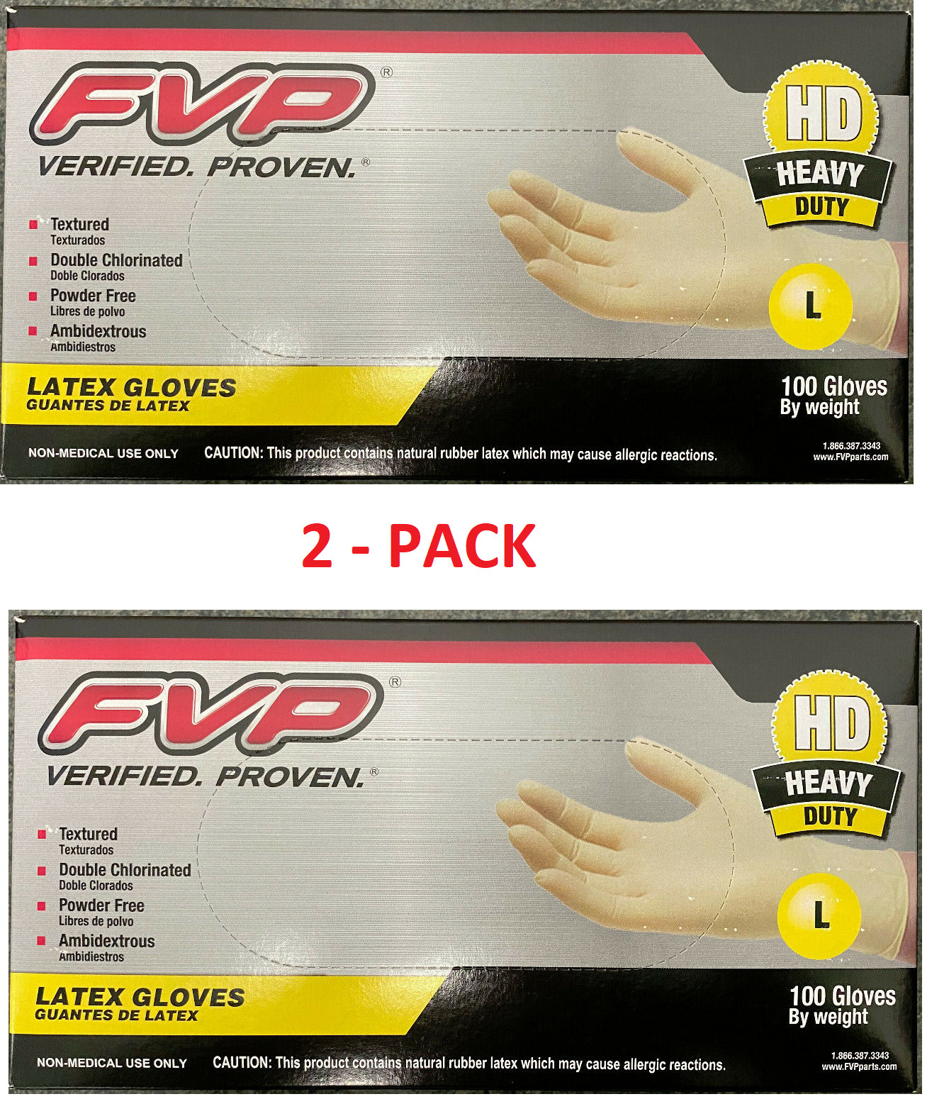 2 – FVP Latex Gloves LARGE Textured Double Chlorinated Powder Free Heavy Duty