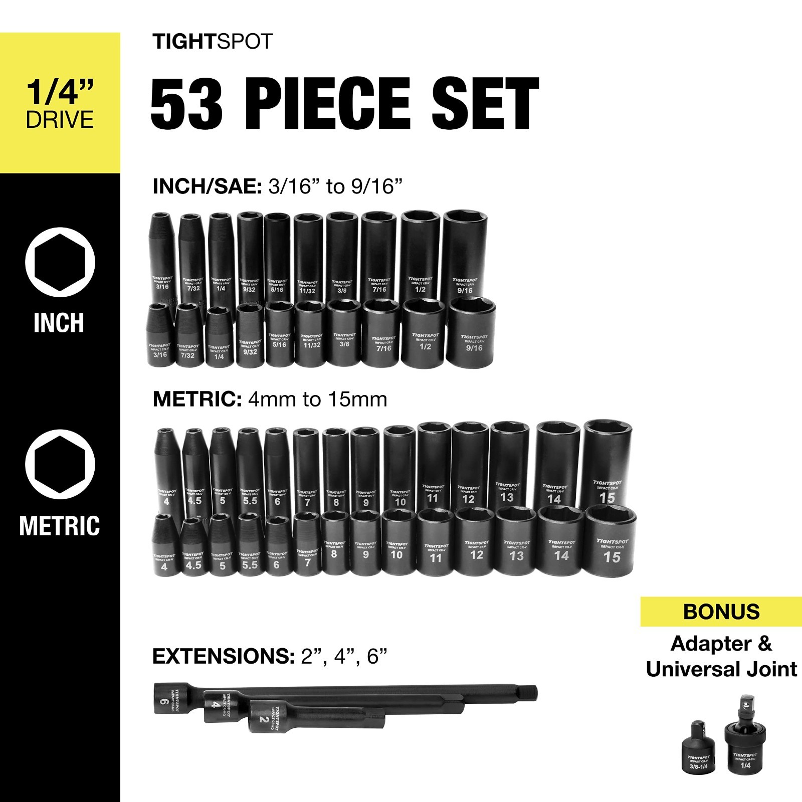 53pc Impact Socket Set 1/4″ Drive – SAE & Metric Standard/Deep, Extensions & Ada
