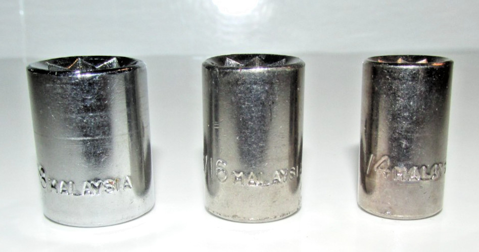 T #171 – Set of 3 sockets marked Malaysia, 3/8″, 5/16″, 1/4″ See description