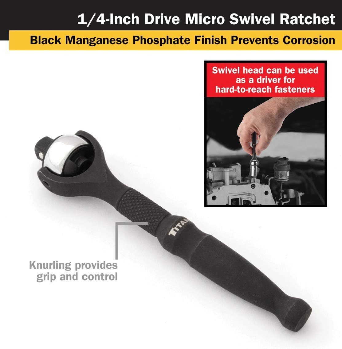 Titan Tools 1/4″ Drive X 4″ 90-Tooth Swivel Head Micro Ratchet – Black 11313