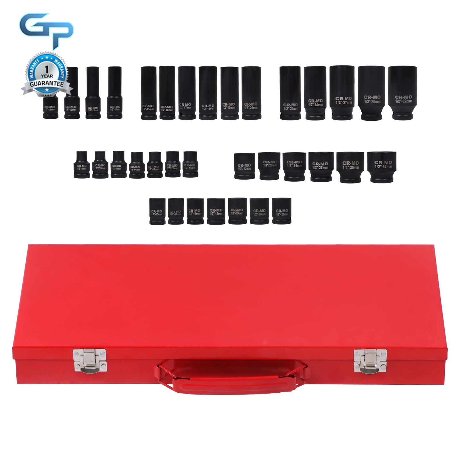 35Pcs 1/2″ Inch Deep Impact Socket Set Drive Metric Garage Sae 8mm-32mm