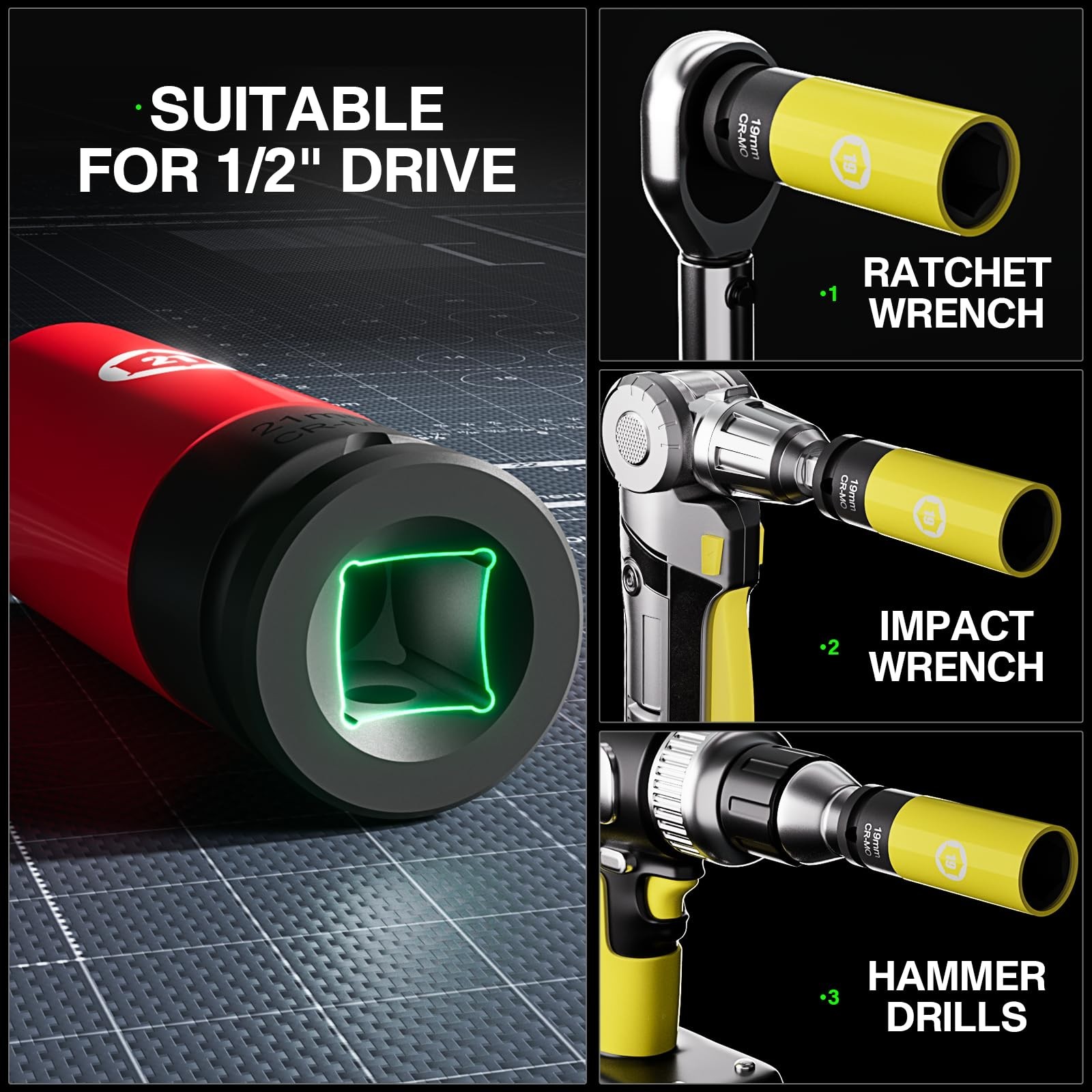 5PCS Thin Wall Deep Impact Lug Nut Socket Set | 1/2″ Drive Metric/SAE 17mm 19mm