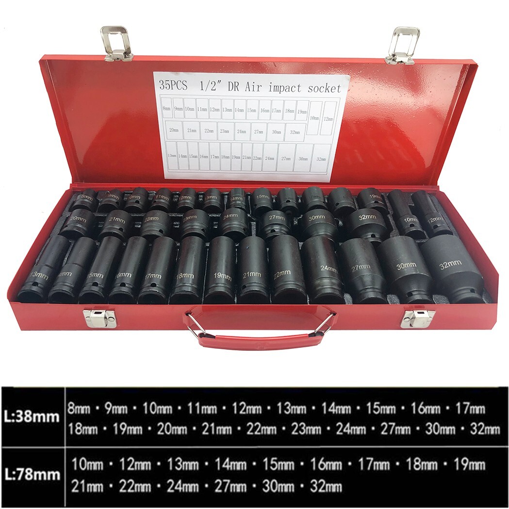 35pcs 1/2″ Deep Impact Socket Set Drive 8-32mm Metric Garage SAE W/ Case US