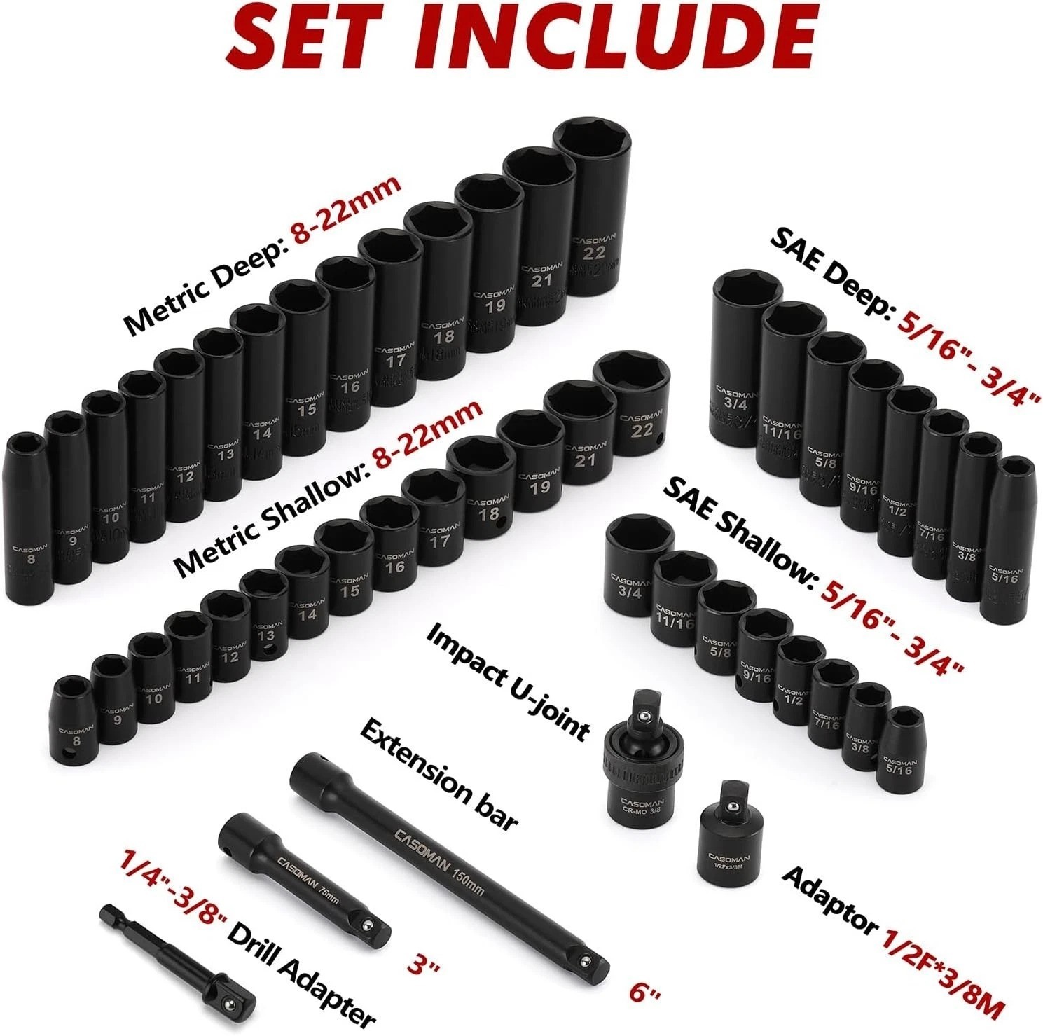 49-Piece 3/8″ Drive Impact Socket Set with Chrome Vanadium Steel & Carrying Case