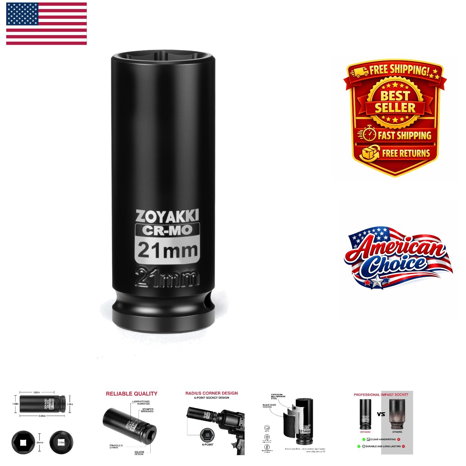 Corrosion-Resistant 21mm Deep Impact Socket – 1/2″ Drive Heavy-Duty Tool