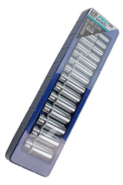 US PRO 14PC 3/8″ Drive Deep Socket Set 8-21mm Metric 6PT CR-V Steel Knurled Tool