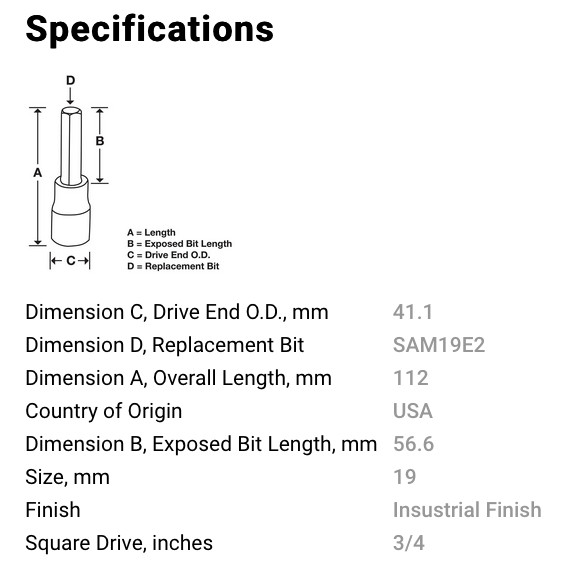 SNAP ON TOOL – PN: LAWM19E – 3/4″ DRIVE METRIC 19 MM STANDARD HEX SOCKET DRIVER