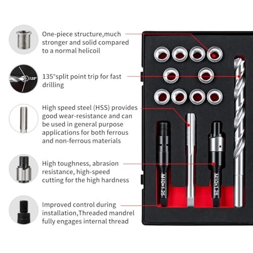 M10X1.25 Thread Repair Kit – 14mm Stainless Steel Inserts, HSS Drill & Tap Set,
