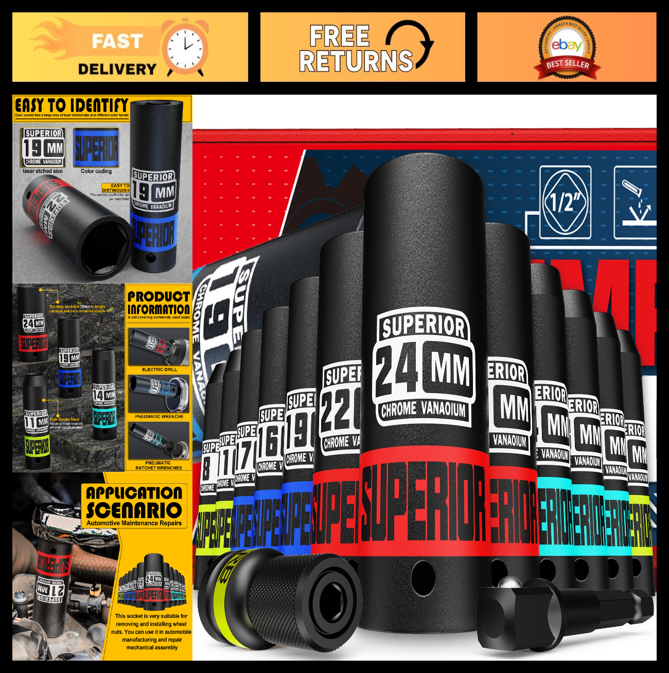 14-Piece 1/2″ Drive Metric Impact Socket Set, 8mm-22mm Deep Sockets, Quick-Relea