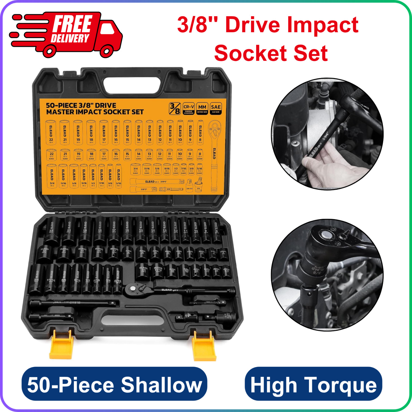 3/8» Drive Impact Socket Set, 50-Pcs Shallow & Deep Socket Set Metric &Standard