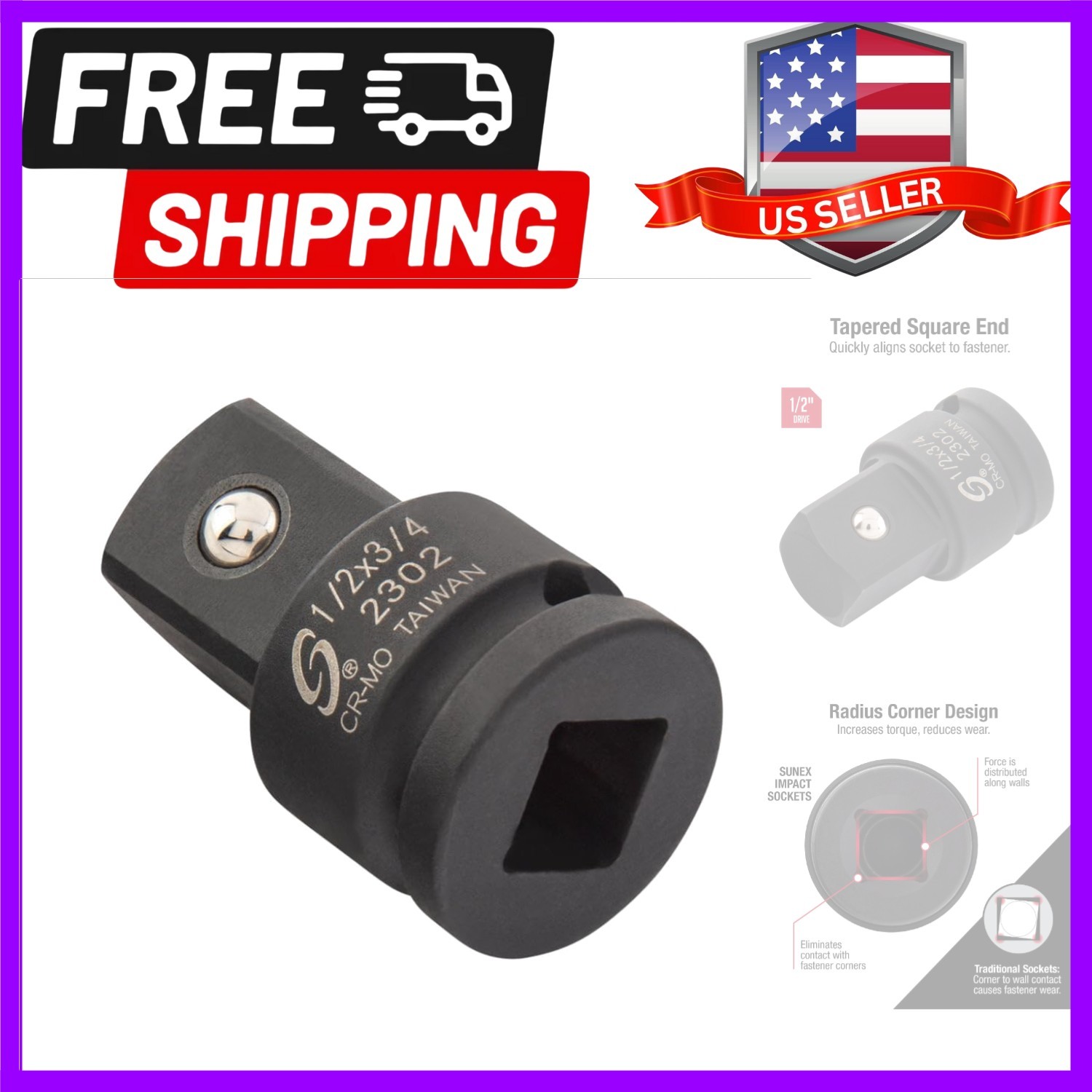 2302, 1/2 Inch Drive, 1/2″ Female x 3/4″ Male Impact Adapter, Cr-Mo Steel, Ba…