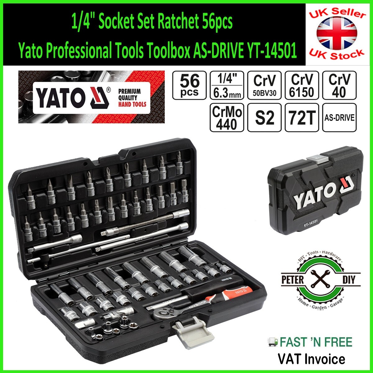 1/4″ Socket Set Ratchet 56pcs Yato Professional Tools Toolbox AS-DRIVE YT-14501