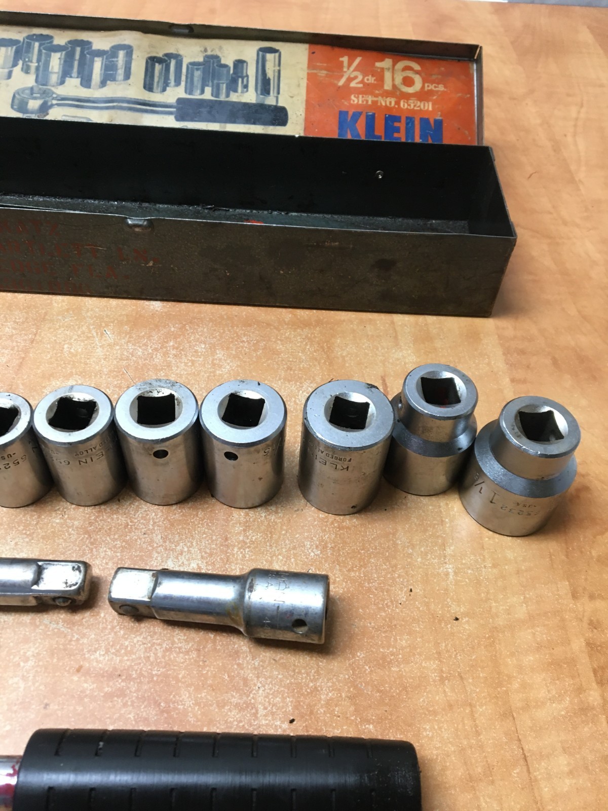 Vintage Klein 65201 1/2” Drive 16 Pc Socket Set 7/16” Thru 1-1/8” USA READ