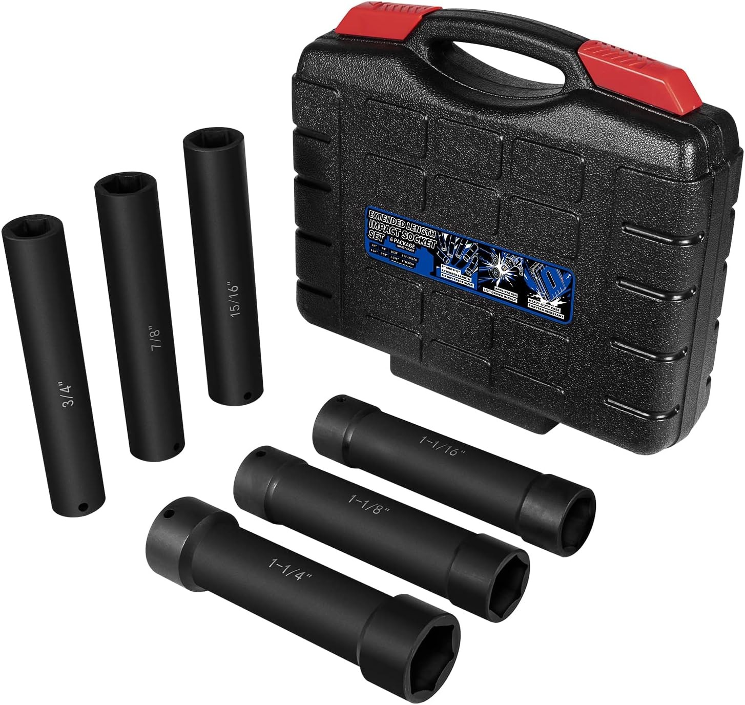 (6PCS) 1/2» Drive Heavy Duty Extended Length Impact Socket Set With Case