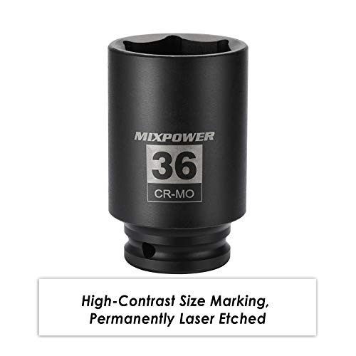 1/2″ Drive X 36 Mm Deep 6 PT Impact Socket, CR-MO, Drive 6 Point Axle Nut Socket
