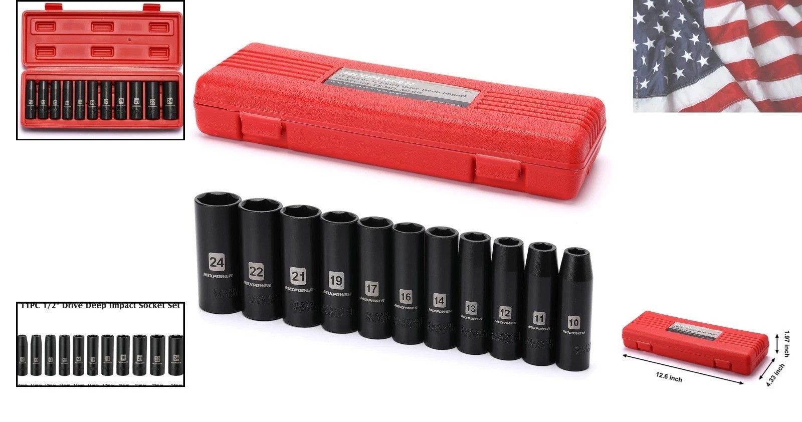 11-Piece 1/2-Inch Drive Deep Impact Socket Set, CR-V, Metric, 6 Point, Deep, …