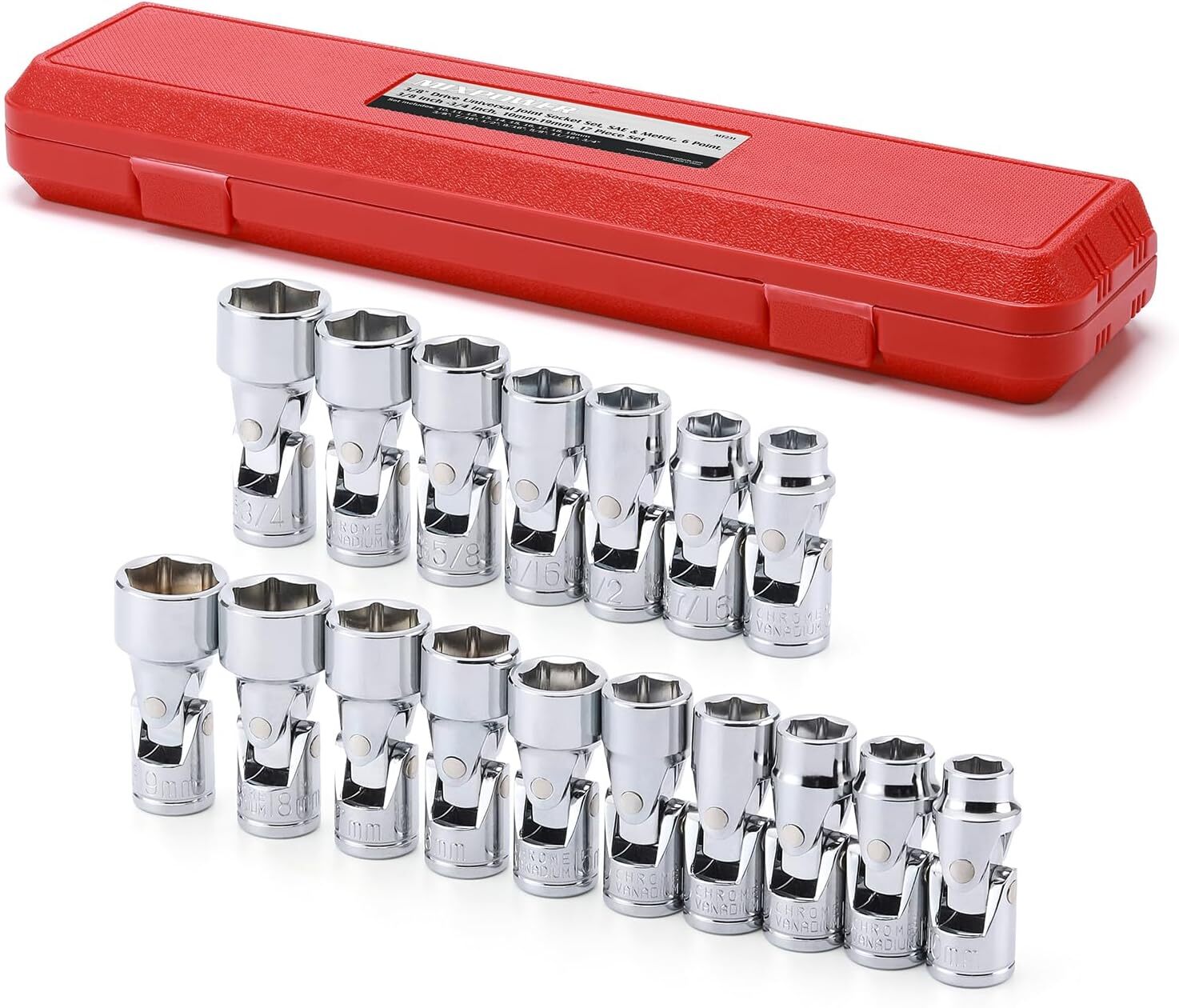 17-piece 3/8″ Drive Universal Joint Socket Set, 6 Point, SAE & Metric, 10-19mm,
