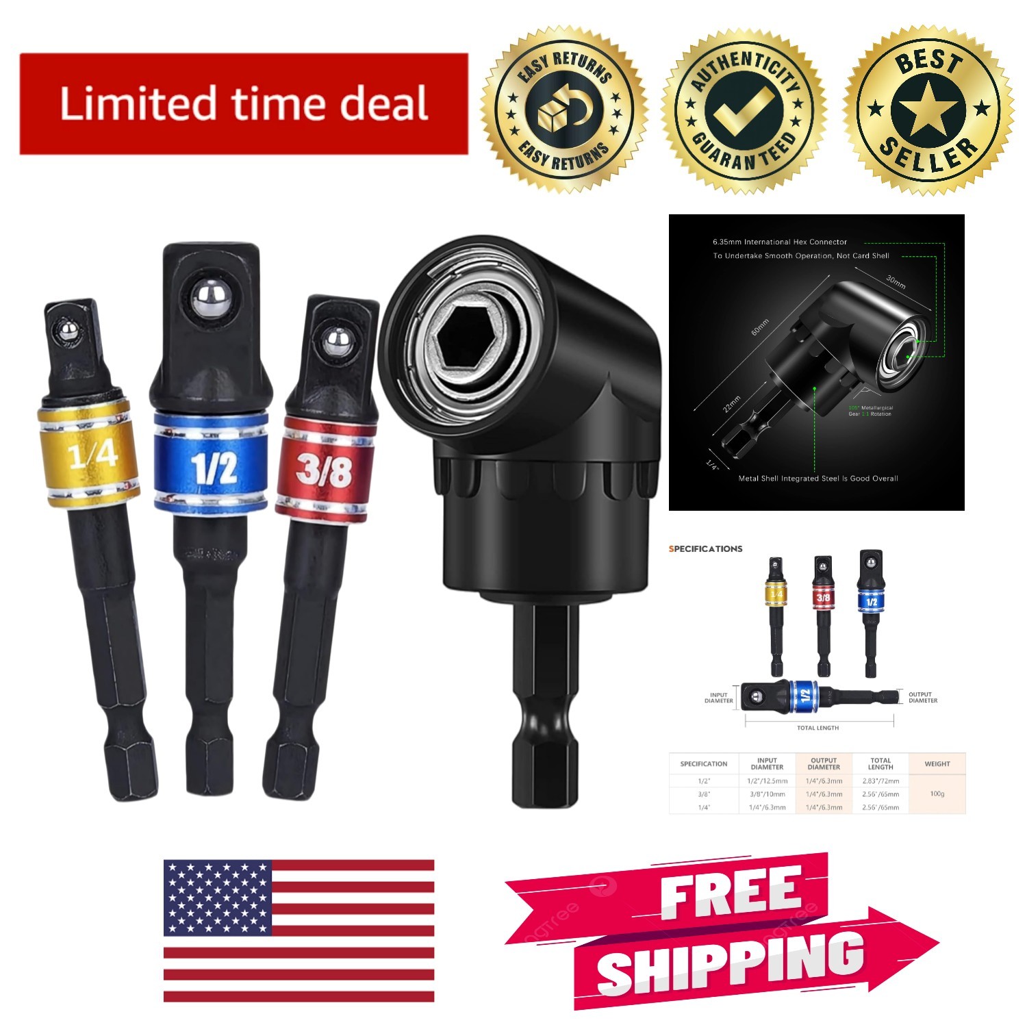 105-Degree Right Angle Socket Adapter Set – 3Pcs High-Grade Tool Extensions
