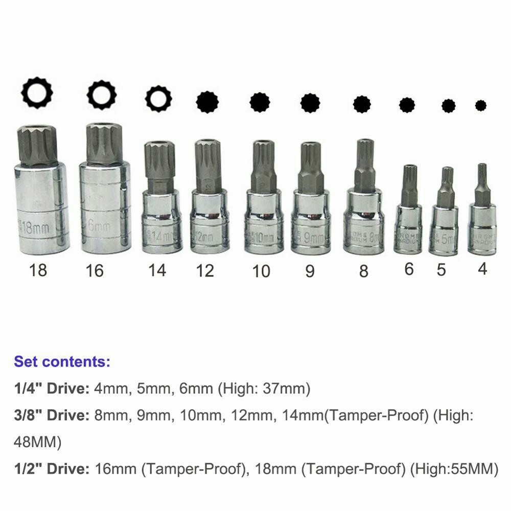 10PC XZN Triple Square 12 Point Spline Bit socket Set 4MM – 18MM