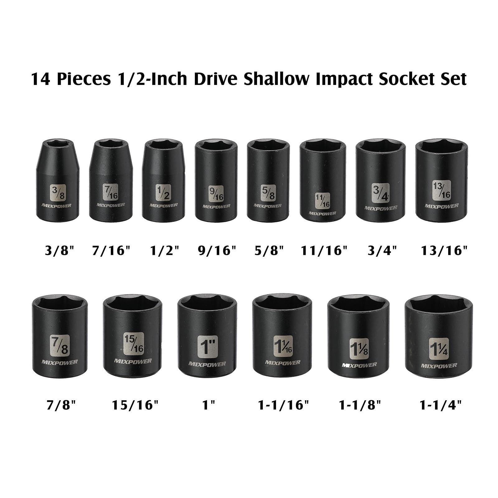 14-Piece 1/2″ Drive Shallow Impact Socket Set, SAE CR-V, 6-Point, 3/8″ to 1-1/4