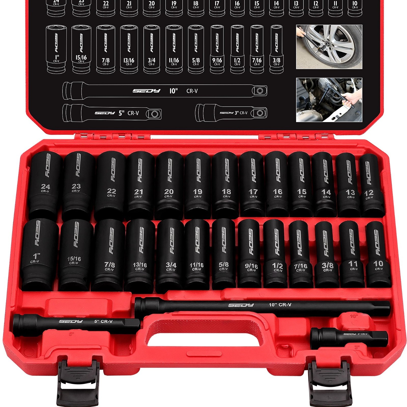29-Piece Impact Socket Set 1/2″ Drive, SAE & Metric Deep Sockets, CR-V, Durable
