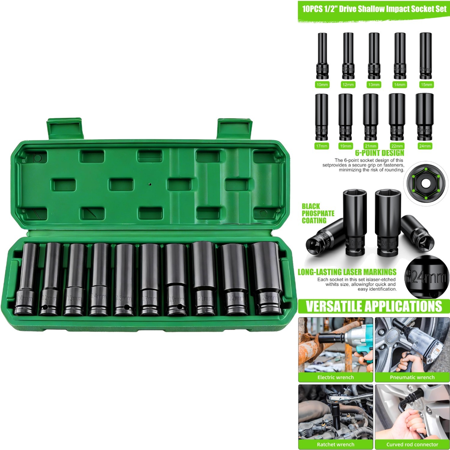 Deep Well Impact Socket Set 1/2″ Drive Metric 10mm-24mm 6 Point Sockets 10-PC
