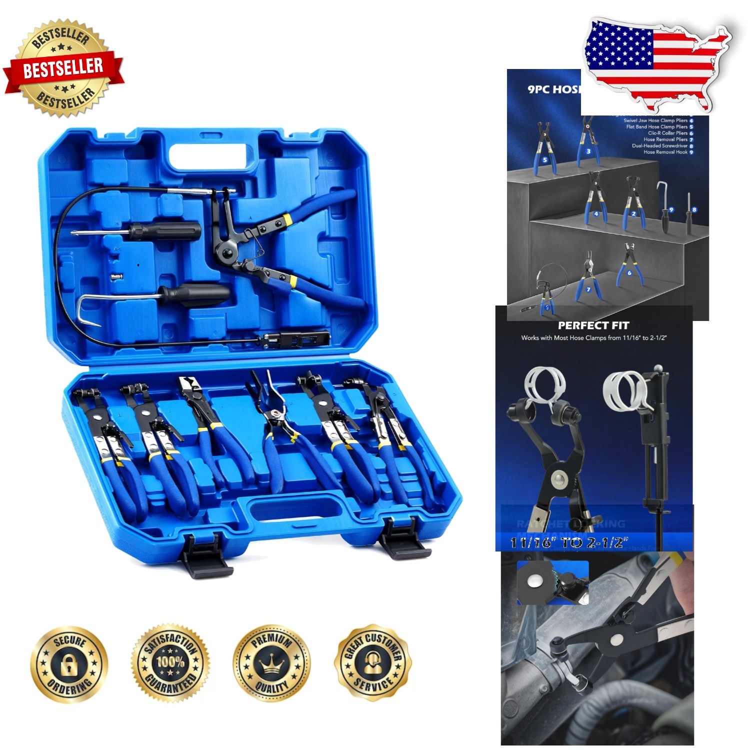 Pro 9pc Hose Clamp Pliers Kit – Flexible, Clic R, Swivel Jaw – Durable Auto R…