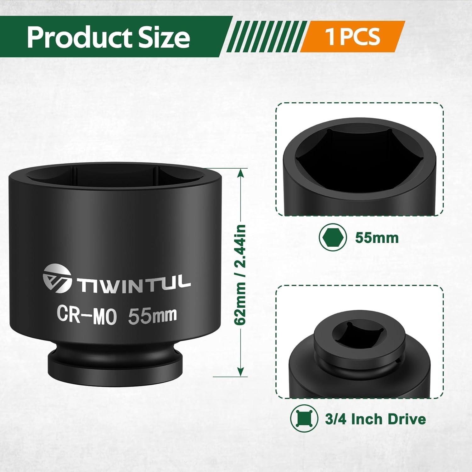 3/4 Inch Drive Impact Socket 55mm Hex 6-Point Chrome Molybdenum Steel Auto