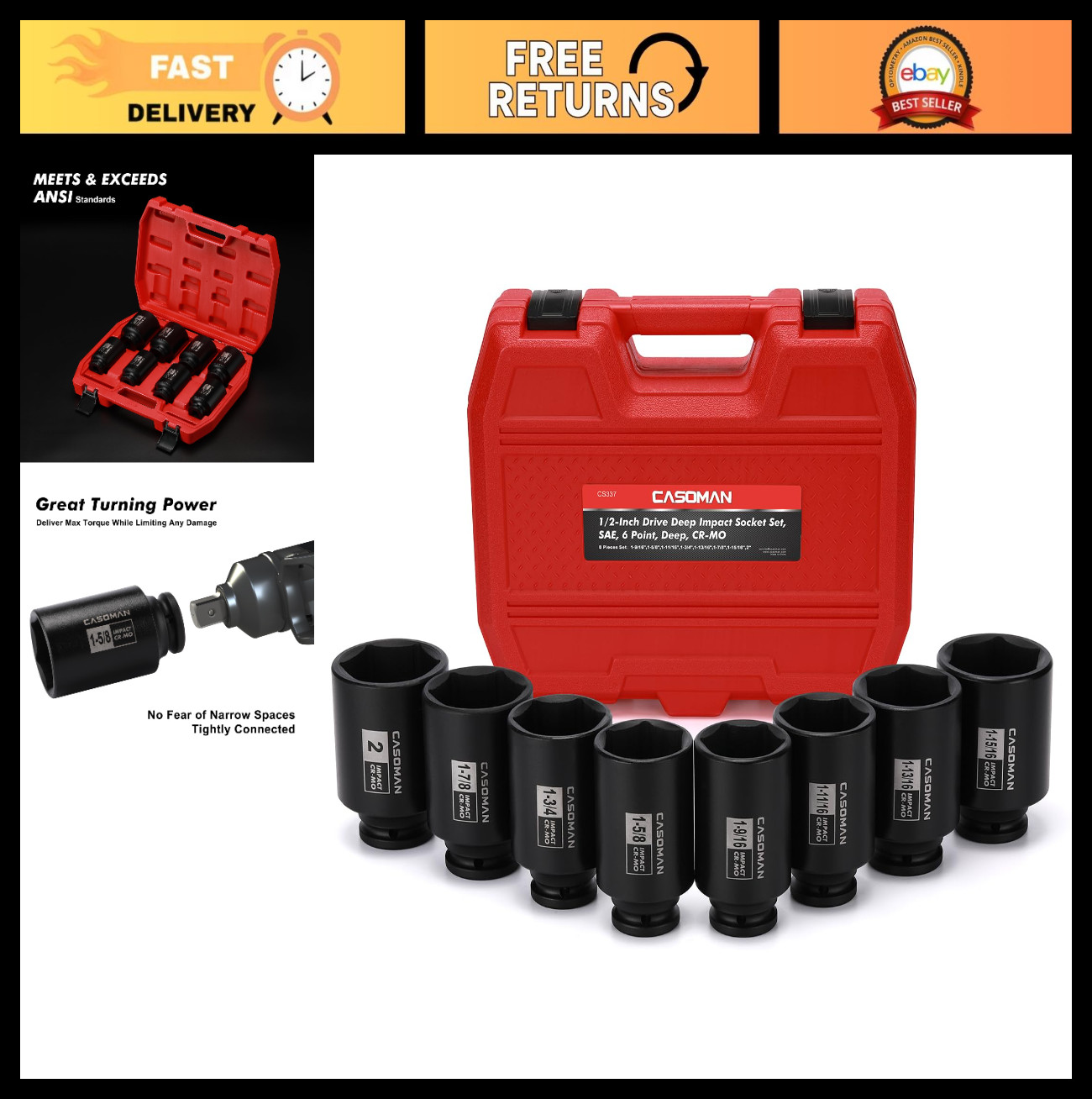 8PCS 1/2″ Drive Deep Impact Socket Set – SAE 1-9/16″ to 2″, 6-Point, CR-MO