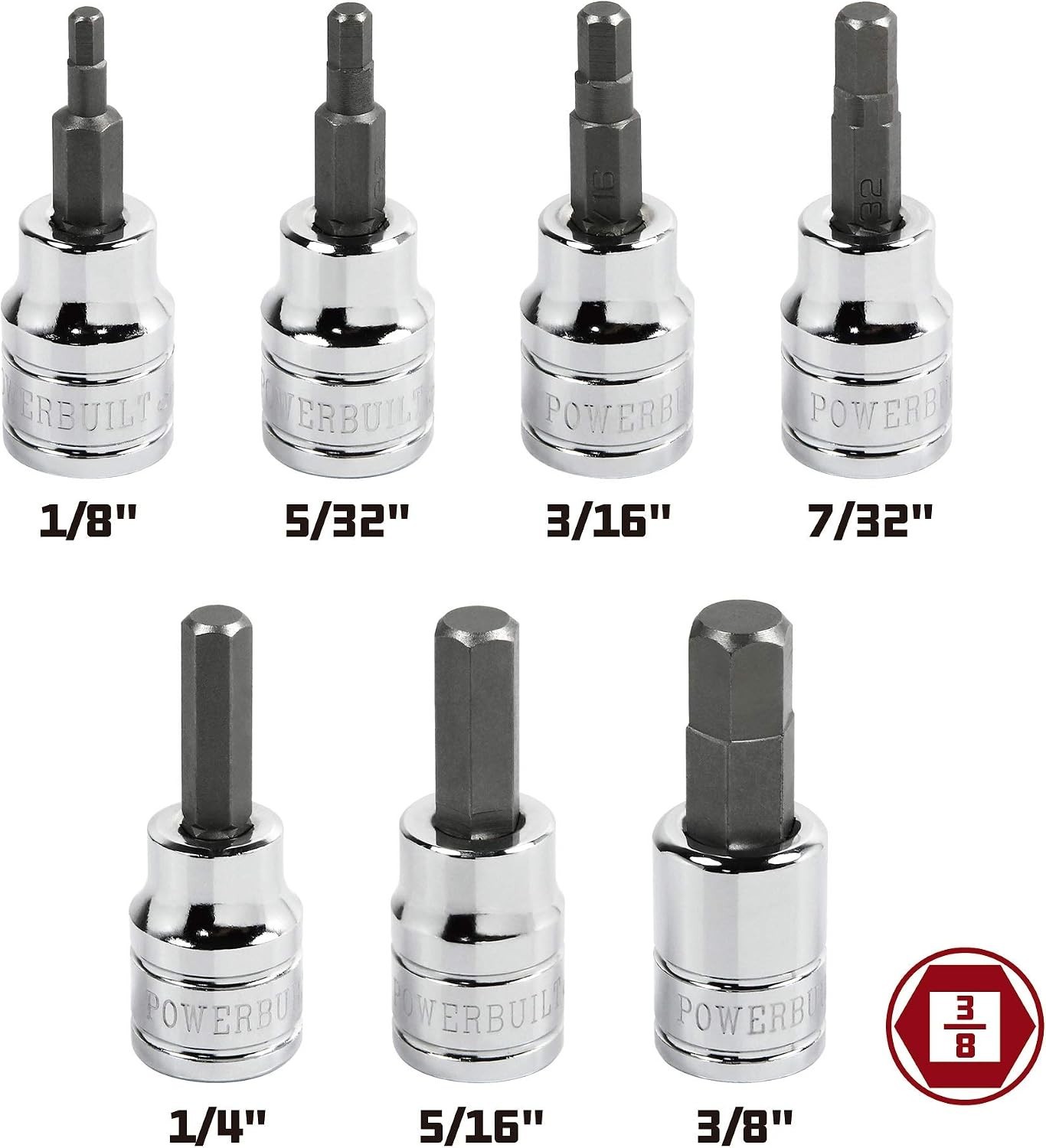 7 Piece 3/8 Inch Drive SAE Hex Bit Socket Set, Sizes 1/8″-3/8″, S2 Bits and C…