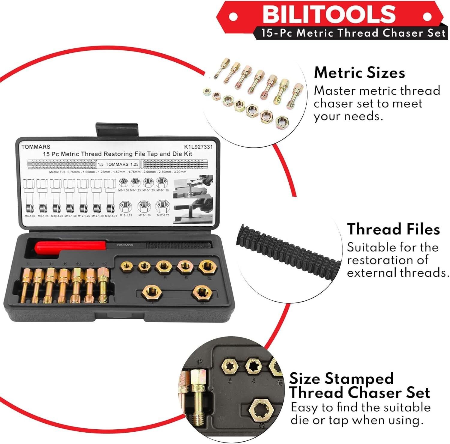 15-Piece Metric Thread Chaser Set, M6 M8 M10 M12 Thread Restorer Tool Thread Ret