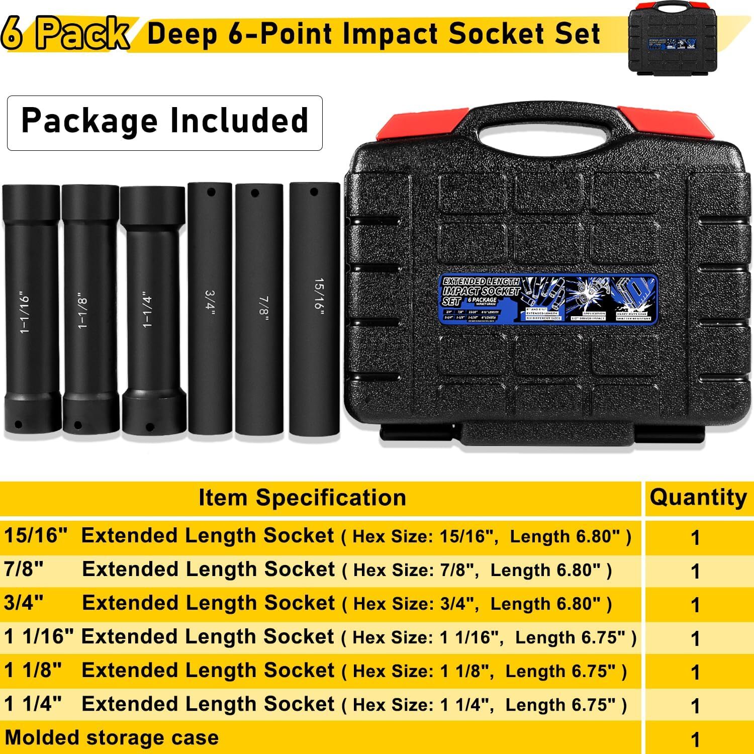 1/2 Inch Drive Extended Length Impact Socket Set 6 Sizes Heavy Duty with Case