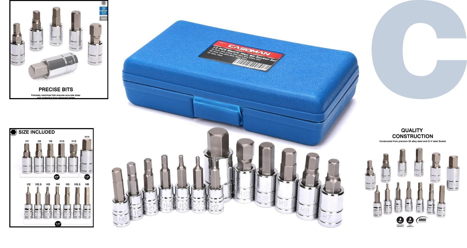 Casoman 13-Piece Metric Hex Socket Set – Durable S2 Steel Bits, Carrying Case