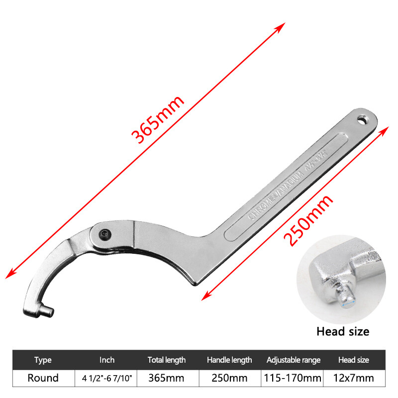 Adjustable Hook Wrench 19–170mm C Round Spanner Tool Slotted Retaining Universal