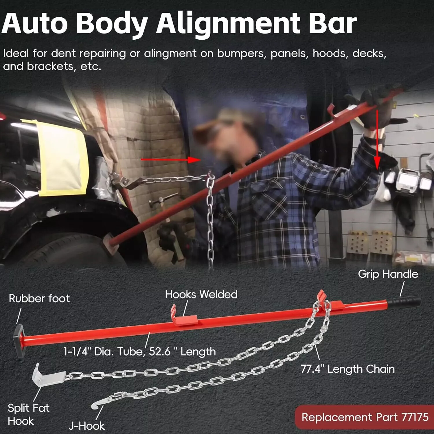 77175 Auto Body Alignment Bar Tool W/ Chain for Bumper Hood Panel Deck & Bracket