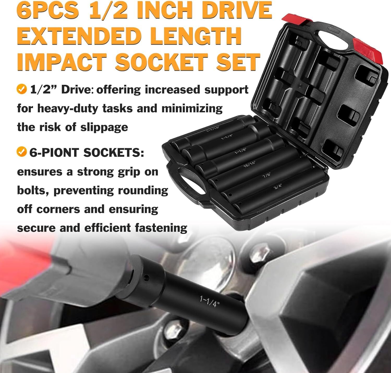 1/2 Inch Drive Heavy Duty Extended Length Extra-Deep Length Impact Socket Set