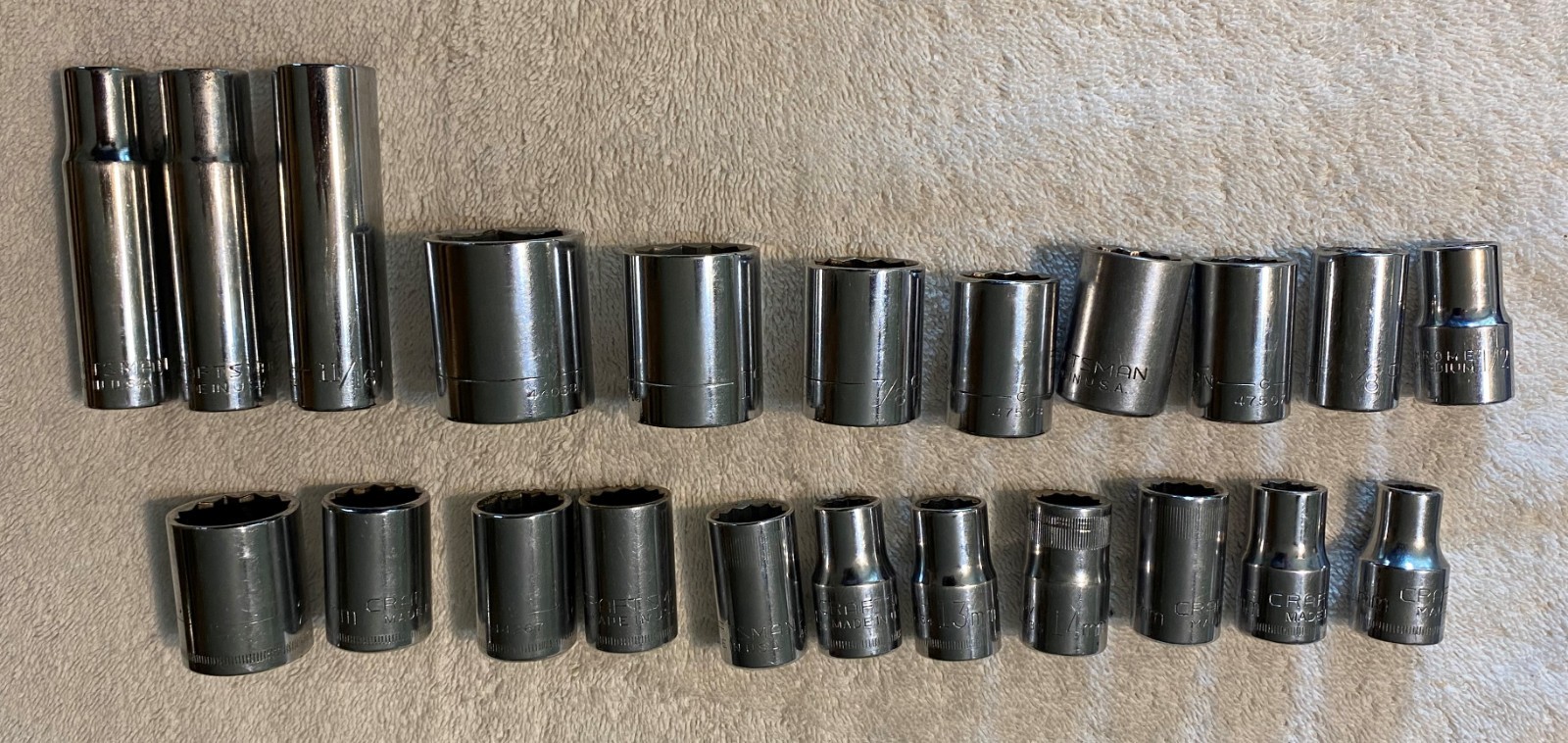 Lot of 22 – Craftsman 1/2″ Drive Assorted SAE & Metric Sockets, Made in USA