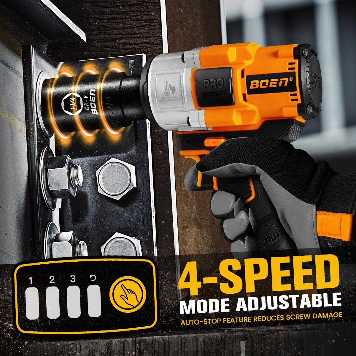 Boen Impact Wrench 1/2 Inch Brushless Electric, With 8 PCS Socket Adapter set，75