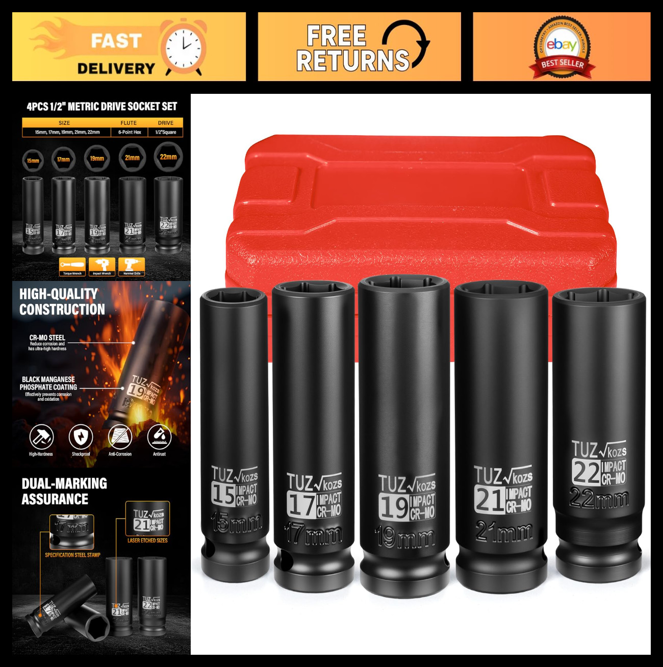 5-Piece 1/2″ Drive Deep Impact Socket Set – Metric 15mm 17mm 19mm 21mm 22mm, Cr-
