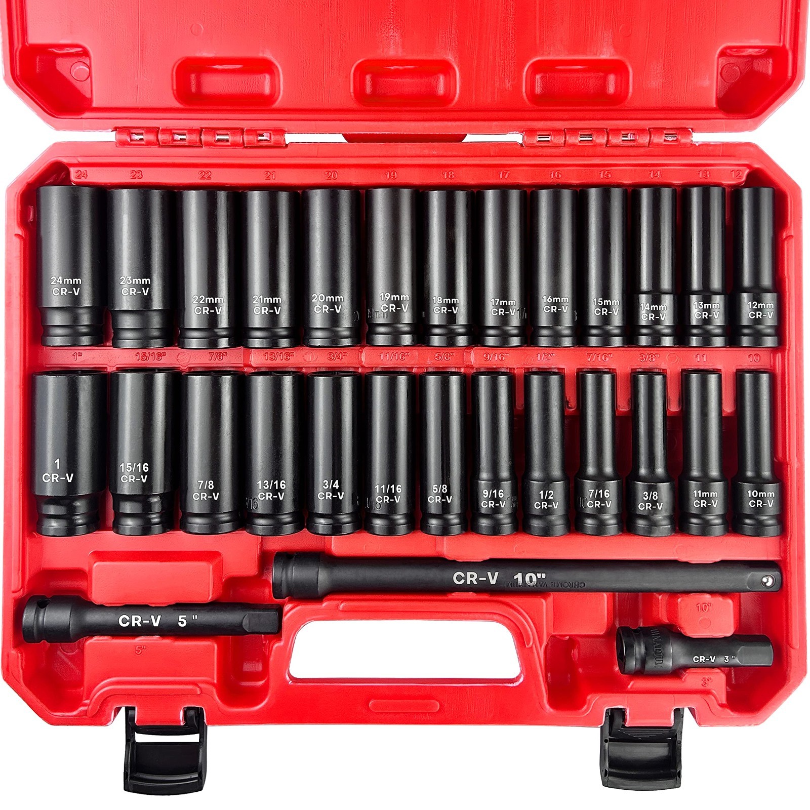 29pcs 1/2″ Deep Impact Socket Set with Extensions, SAE & Metric, Cr-V Steel Tool