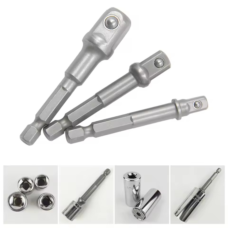 3PC 50mm HEX SHANK DRILL BIT TO 1/4 1/2 3/8 INCH SQUARE DRIVE SOCKET ADAPTOR SET