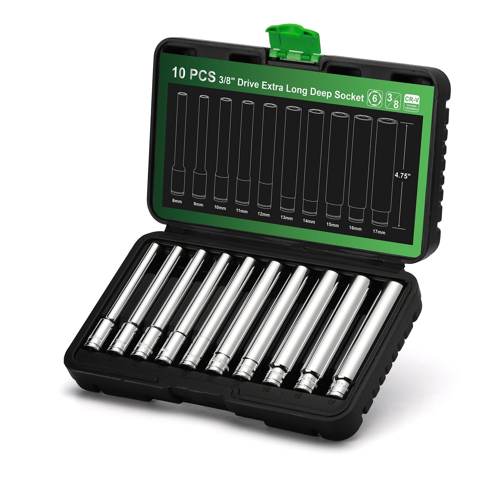 10PCS Extra Deep Metric Socket Set 3/8″ Drive, 6 Point, 8mm-17mm, CR-V, Automoti