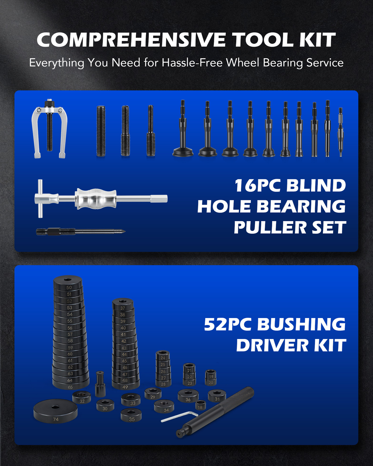 OMT 2 in 1 Blind Hole Inner Bearing Puller & Bushing Driver Set 18-65mm & 74mm
