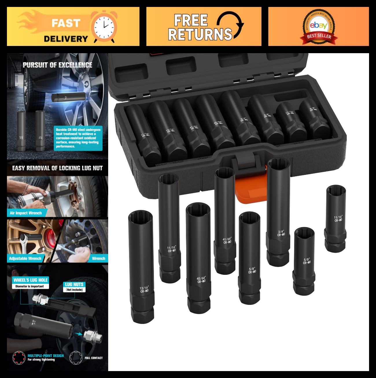 8-Piece Spline Lug Nut Removal Tool Set – Master Key for Stripped Rusted Wheel L