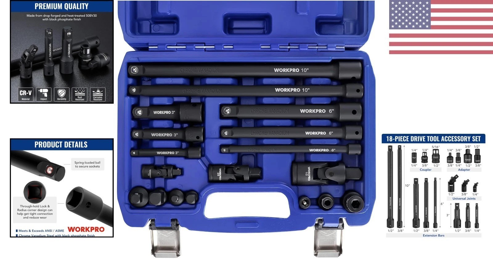 18-Piece Impact Socket Extension Set – Chrome Vanadium Steel Durability