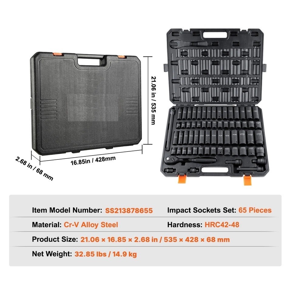 Impact Sockets Set 65pcs 6-Point 1/2in Drive Bit Ratchet Tool Kit Case